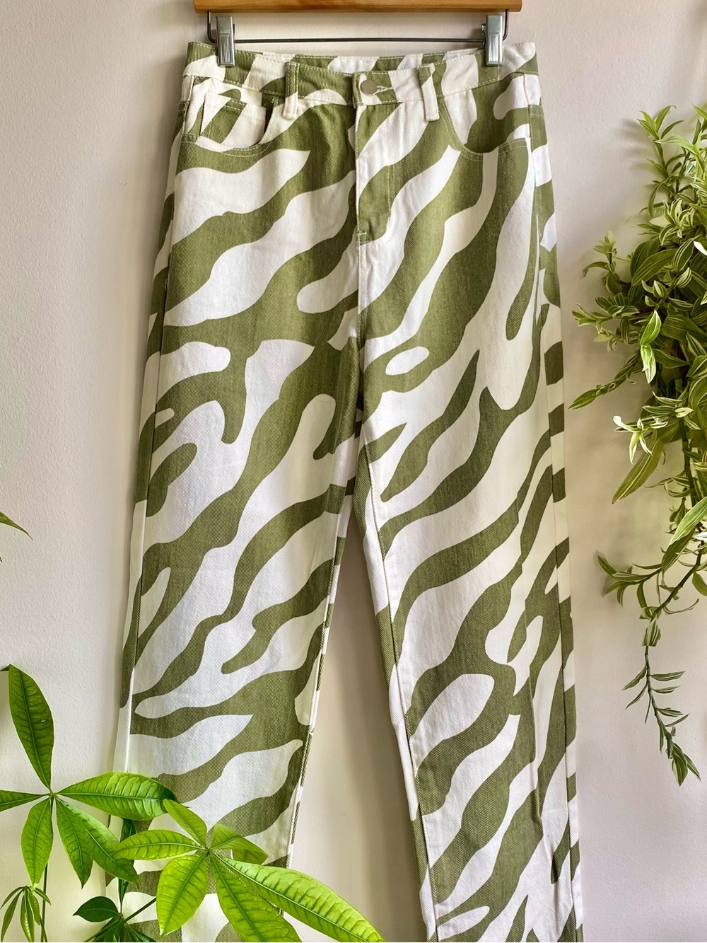 Olive Zebra Print Pants - Casual Straight Fit Y2K Boho Eclectic Groovy Green